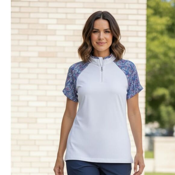 Daily Sports Tops - Daily Sports Sweden Quarter Zip Golf Top White Paisley Raglan Stretch XXL